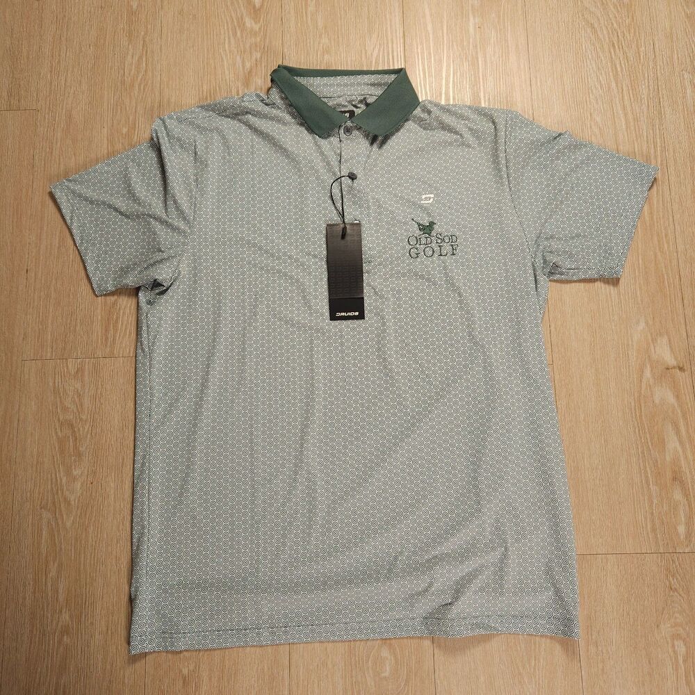 Druids Polo Shirt Men XL Short Sleeve Green Performance Golf Geometric Print NWT